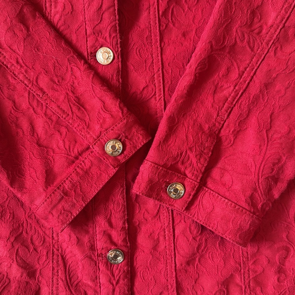 Chicos Red Jacquard Button Front Jacket Coat Layering Cotton Blend Size 3/XL - Picture 11 of 13